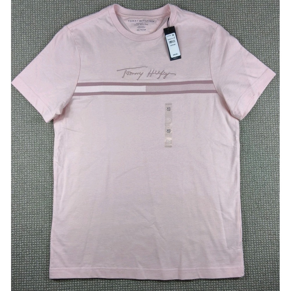 Tommy Hilfiger Men's Pink Horizontal Logo Stripe T-Shirt — NWT Size XS